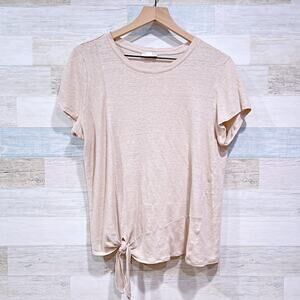 J Jill Love Linen Tie Hem Tee Beige Short Sleeve Stretchy Slub Knit Womens Large